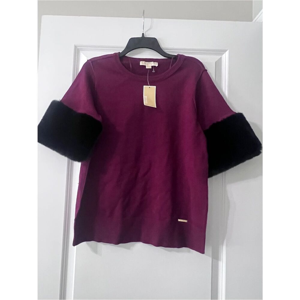 Michael Kors Women's Maroon sweater W/Dark Faux Fur sleeves Medium NWT
